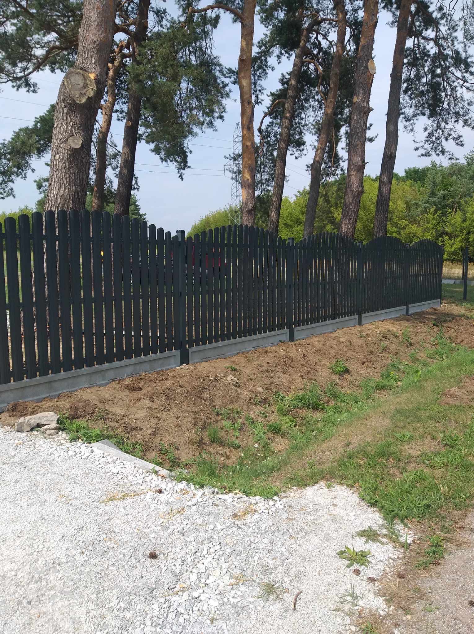 Ciemne, palisadowe ogrodzenie na betonowej podmurówce, otoczone wysokimi drzewami i zielenią. Widok z boku, na pierwszym planie żwirowa ścieżka.