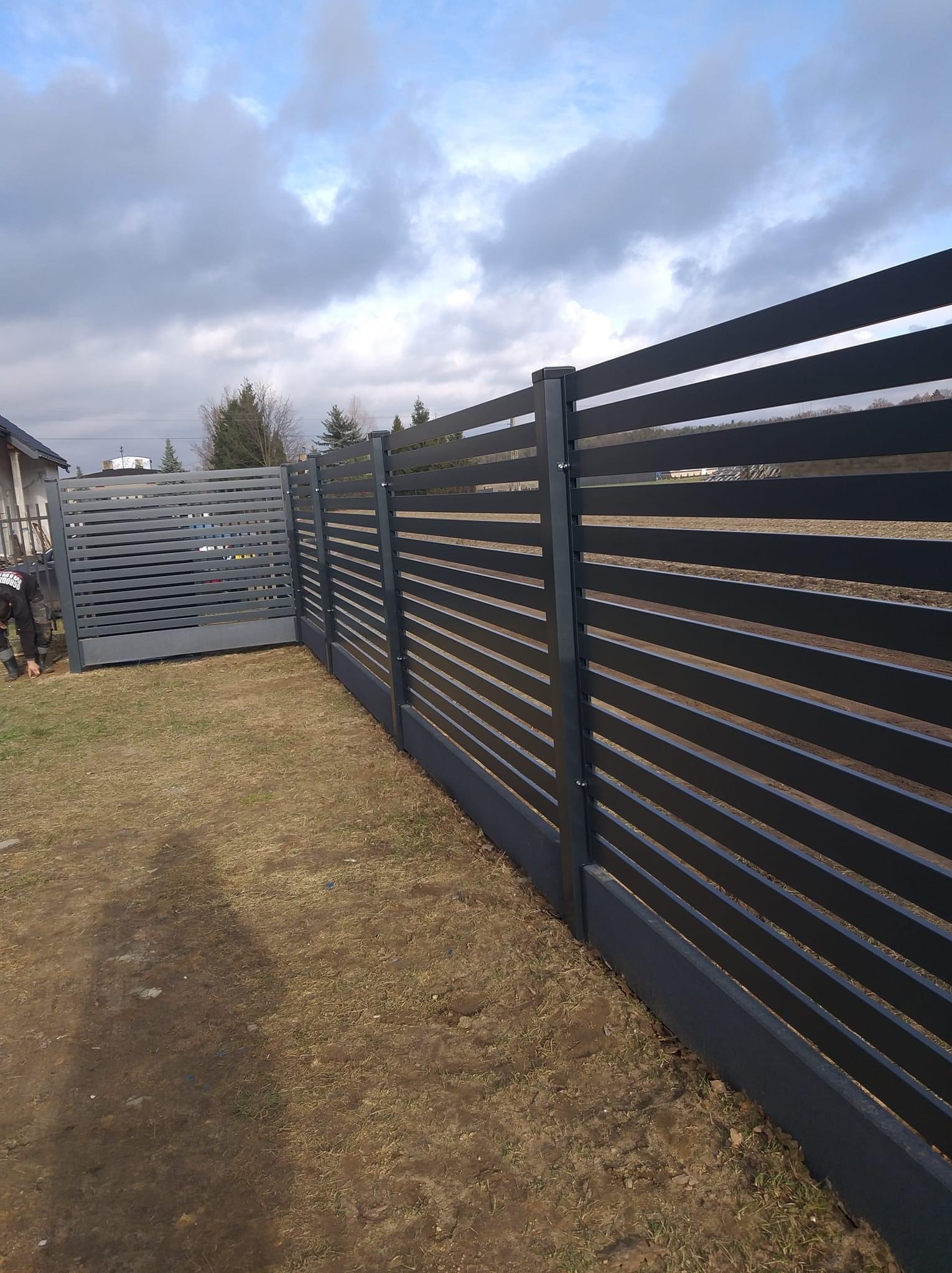 Nowoczesne, poziome ogrodzenie panelowe w kolorze grafitowym z bramą, na tle pochmurnego nieba i fragmentu domu. Widoczny fragment trawnika.