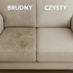 Sofa w odcieniach beżu, podzielona na dwie części: z lewej widoczny brud, z prawej czysta tapicerka. Efekt 'przed i po' z napisem 'brudny' i 'czysty'.