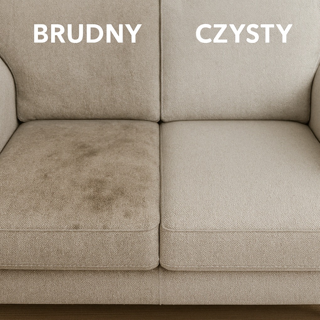 Sofa w odcieniach beżu, podzielona na dwie części: z lewej widoczny brud, z prawej czysta tapicerka. Efekt 'przed i po' z napisem 'brudny' i 'czysty'.