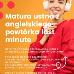Kobieta w słuchawkach reklamuje kurs przygotowujący do matury ustnej z angielskiego. Pomarańczowe tło, białe napisy, czerwona bluza.