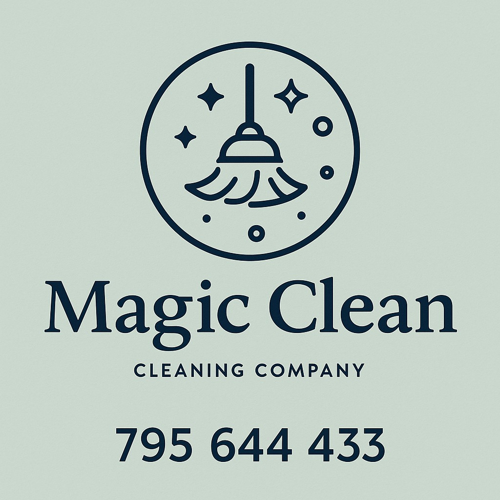 Logo firmy sprzątającej Magic Clean: okrągła ikona z mopem, gwiazdami i hasłem 'Cleaning Company', numer telefonu na jasnym tle.