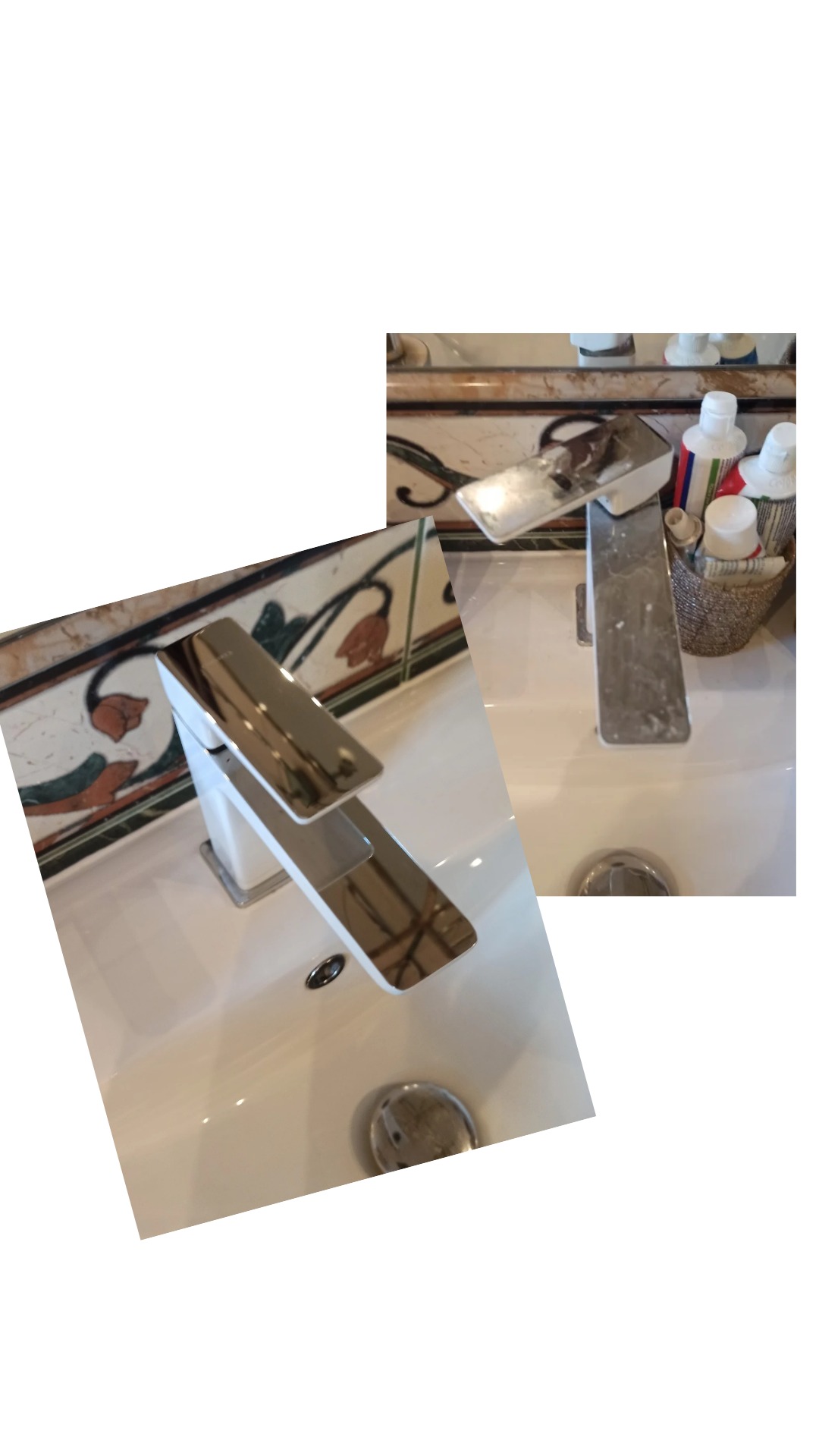 Kolaż: Bateria umywalkowa przed i po czyszczeniu. Bateria po prawej stronie jest pokryta osadem, a bateria po lewej stronie jest czysta i błyszcząca.