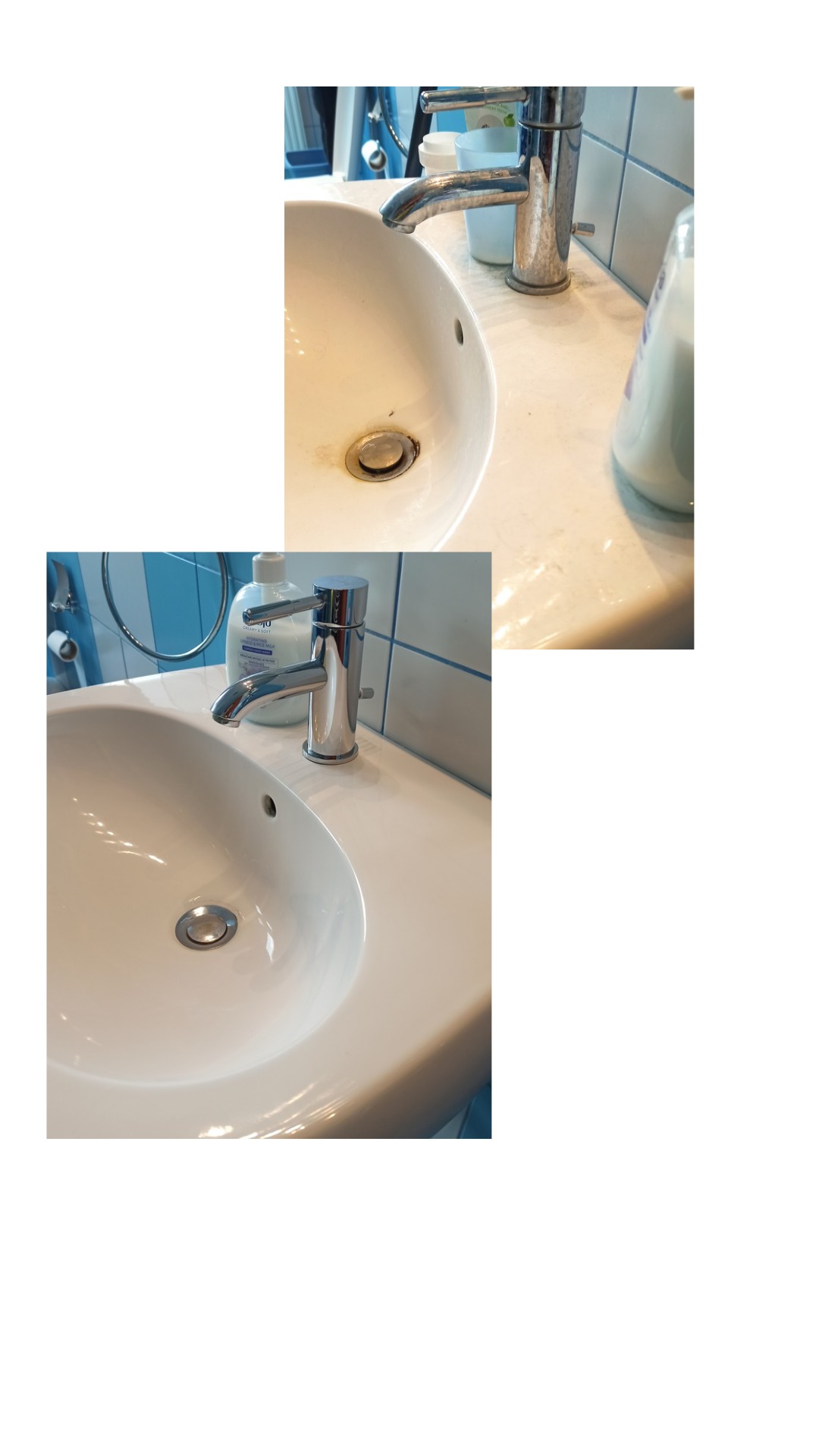 Biała umywalka z chromowaną baterią i dozownikiem mydła w łazience z niebieskimi akcentami. Widoczne ślady użytkowania na umywalce i baterii.