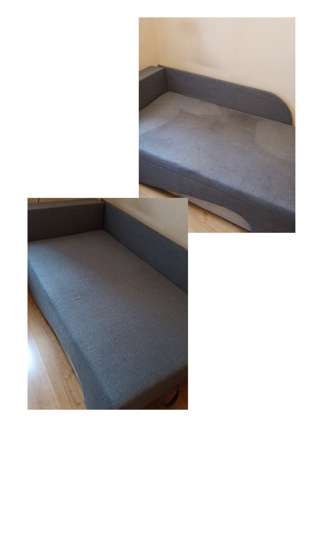 Dwa ujęcia szarej, wyczyszczonej kanapy tapicerowanej w rogu pokoju, ukazujące detale tkaniny i brak plam. Widoczne drewniane elementy podłogi i jasna ściana.