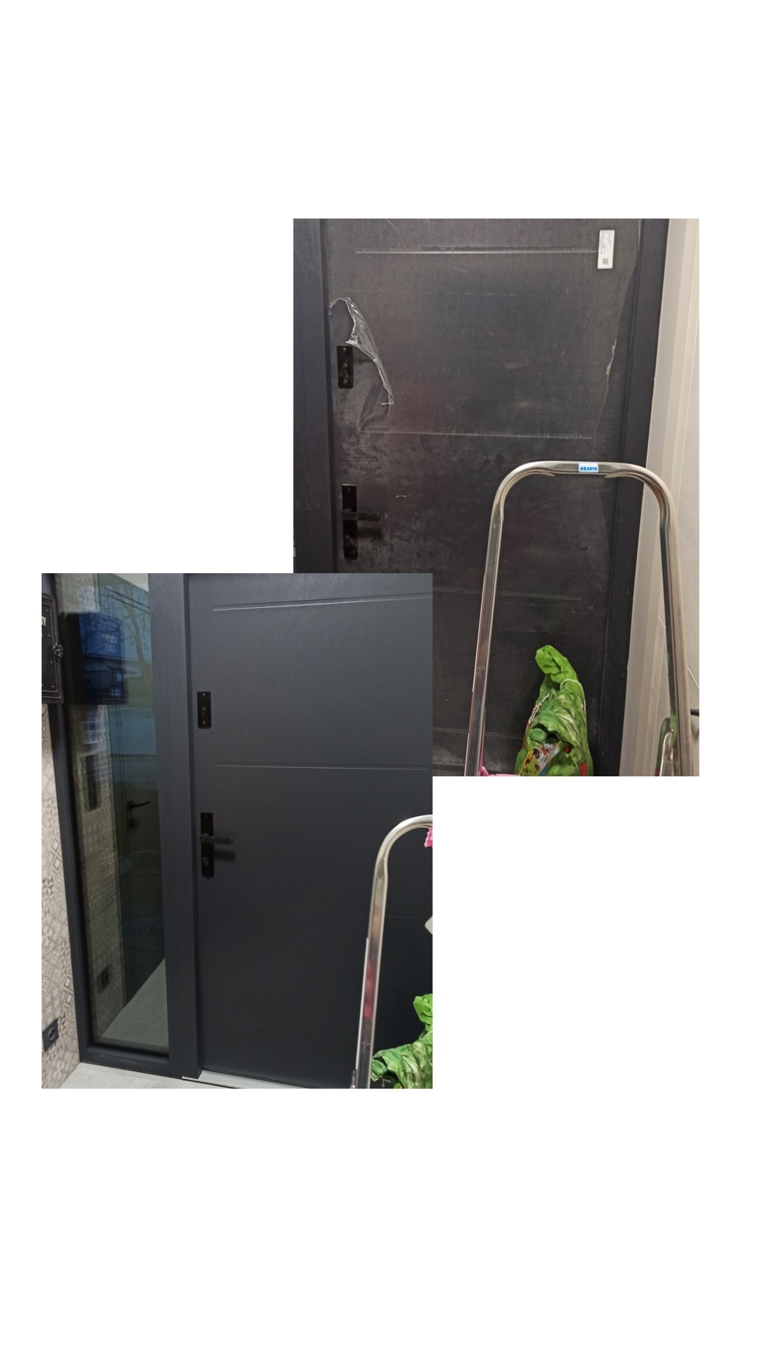 Zdjęcie 'przed i po' czyszczenia ciemnych drzwi wejściowych. Po lewej czyste drzwi, po prawej drzwi z resztkami folii ochronnej i zabrudzeniami. Widoczna drabina.