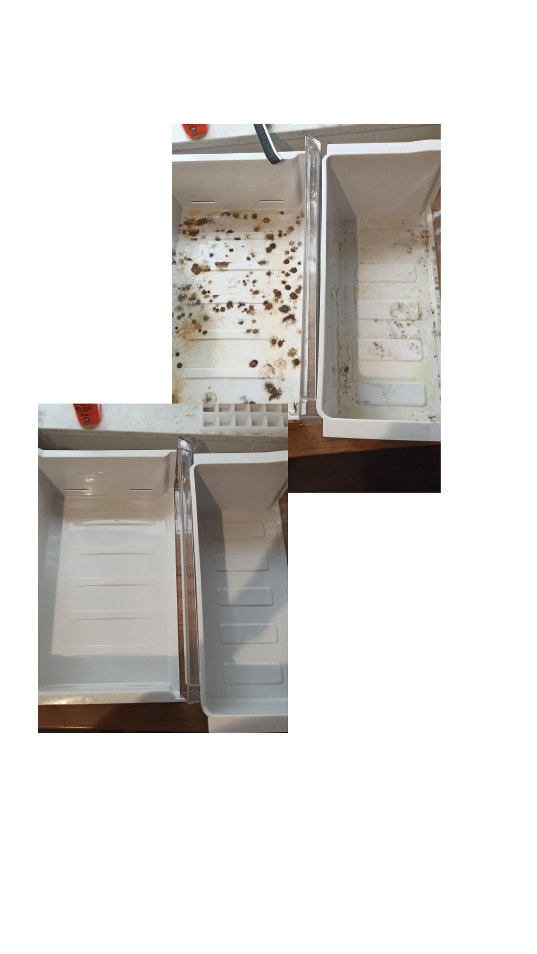 Zdjęcie przedstawia szuflady lodówki przed i po czyszczeniu. Górne szuflady są brudne, z widocznymi plamami i zabrudzeniami. Dolne szuflady są czyste i białe.