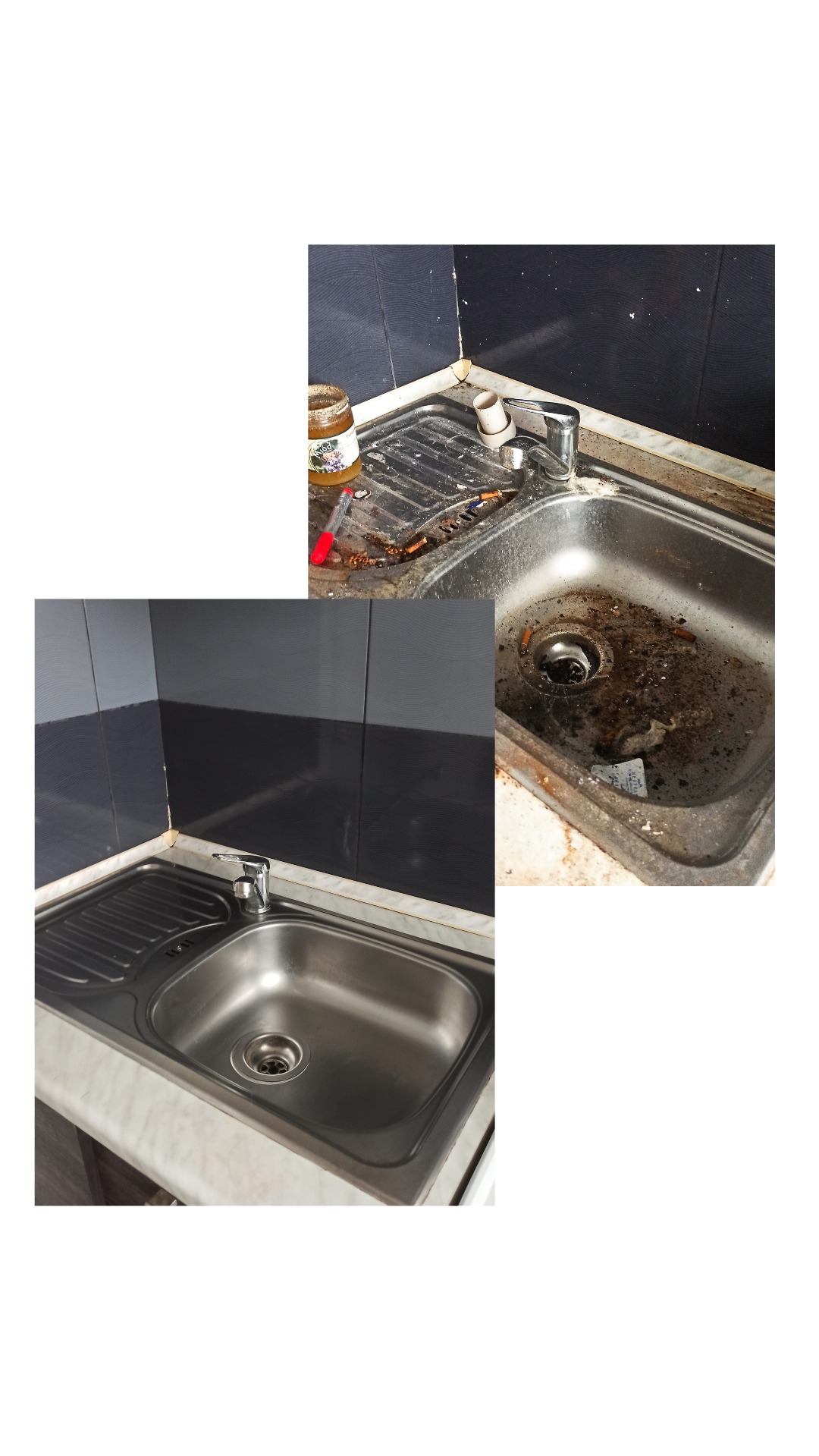 Zestawienie: brudny zlew kuchenny z resztkami i czysty, błyszczący zlew po usłudze. Widoczne płytki w odcieniach szarości i biały blat. Ujęcie z góry.