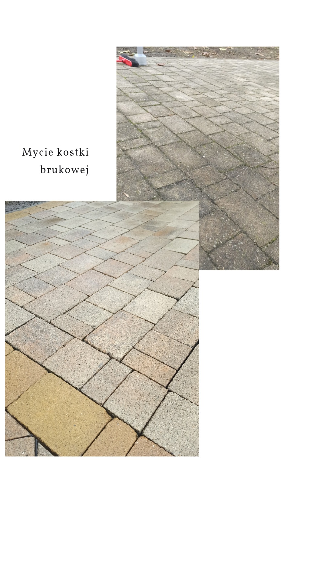 Kostka brukowa: górna część przed czyszczeniem, widoczne zabrudzenia i mech, dolna część po czyszczeniu, ukazująca odświeżony kolor i usunięte zanieczyszczenia.