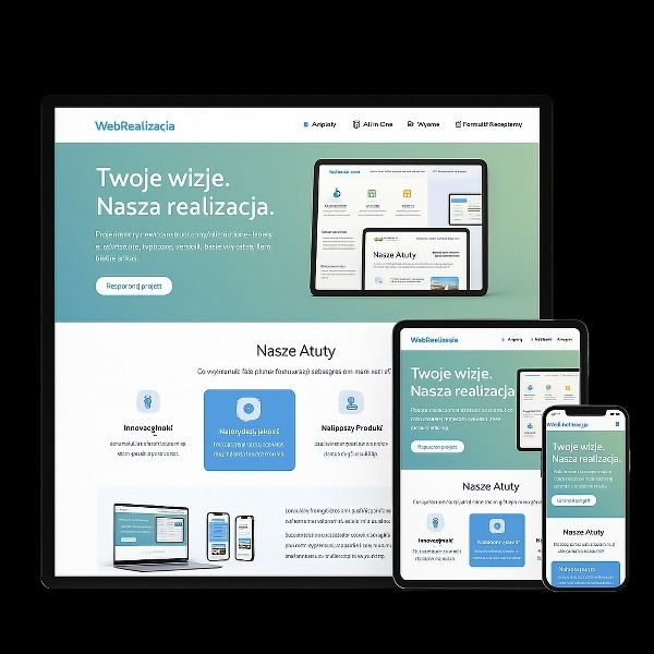 Mockup responsywnej strony internetowej WebRealizacja, wyświetlany na ekranie laptopa, tabletu i smartfona. Prezentacja wizji i realizacji w nowoczesnym designie.