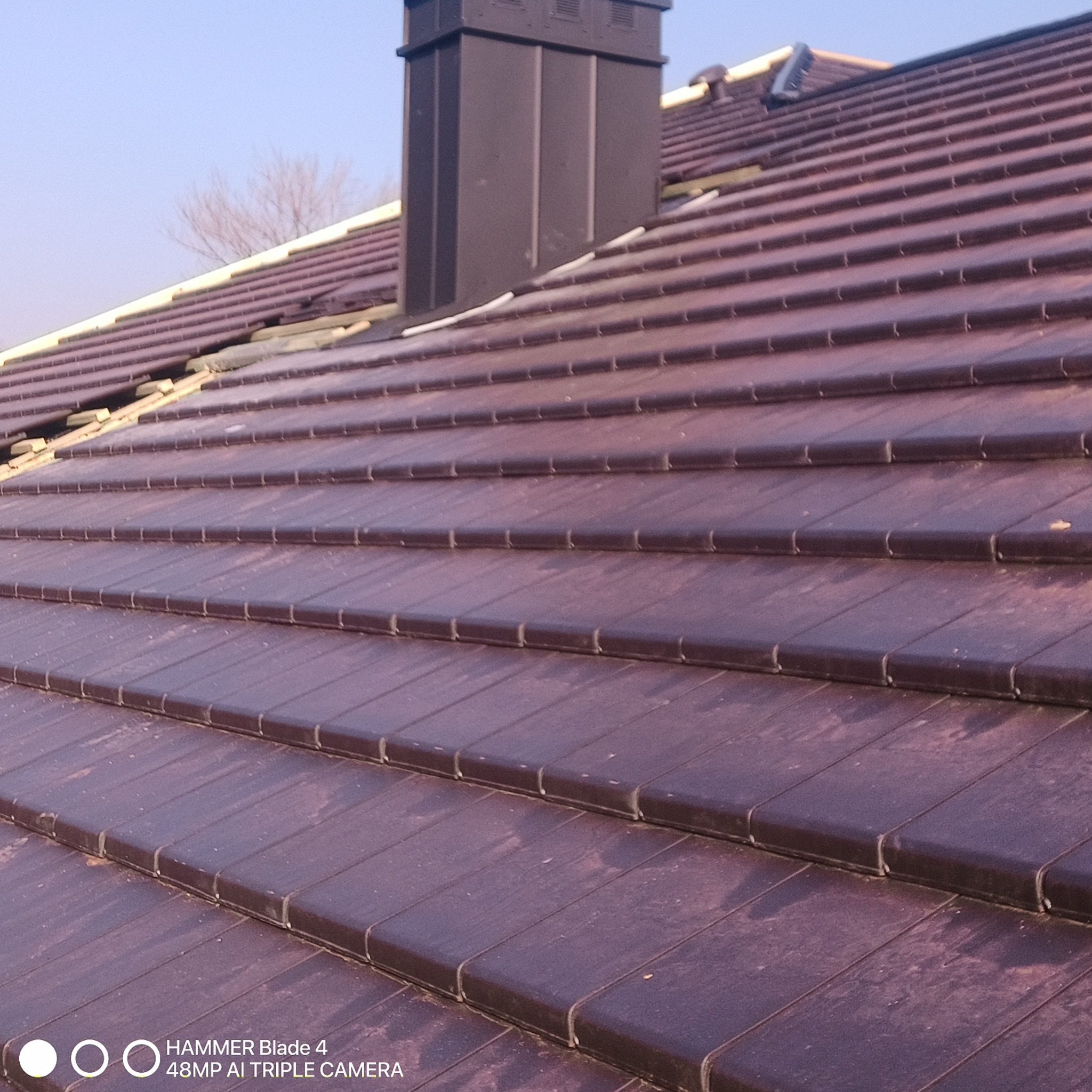 Ciemnobrązowe dachówki ceramiczne na skośnym dachu domu z kominem. Widoczne fragmenty więźby. Ujęcie z dołu, w tle błękitne niebo.