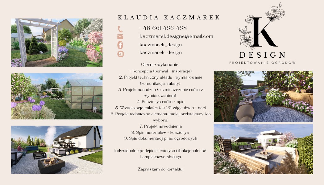 Kolaż wizualizacji 3D ogrodu od Klaudii Kaczmarek Design: altana, szklarnia, taras z paleniskiem. Projektowanie ogrodów.