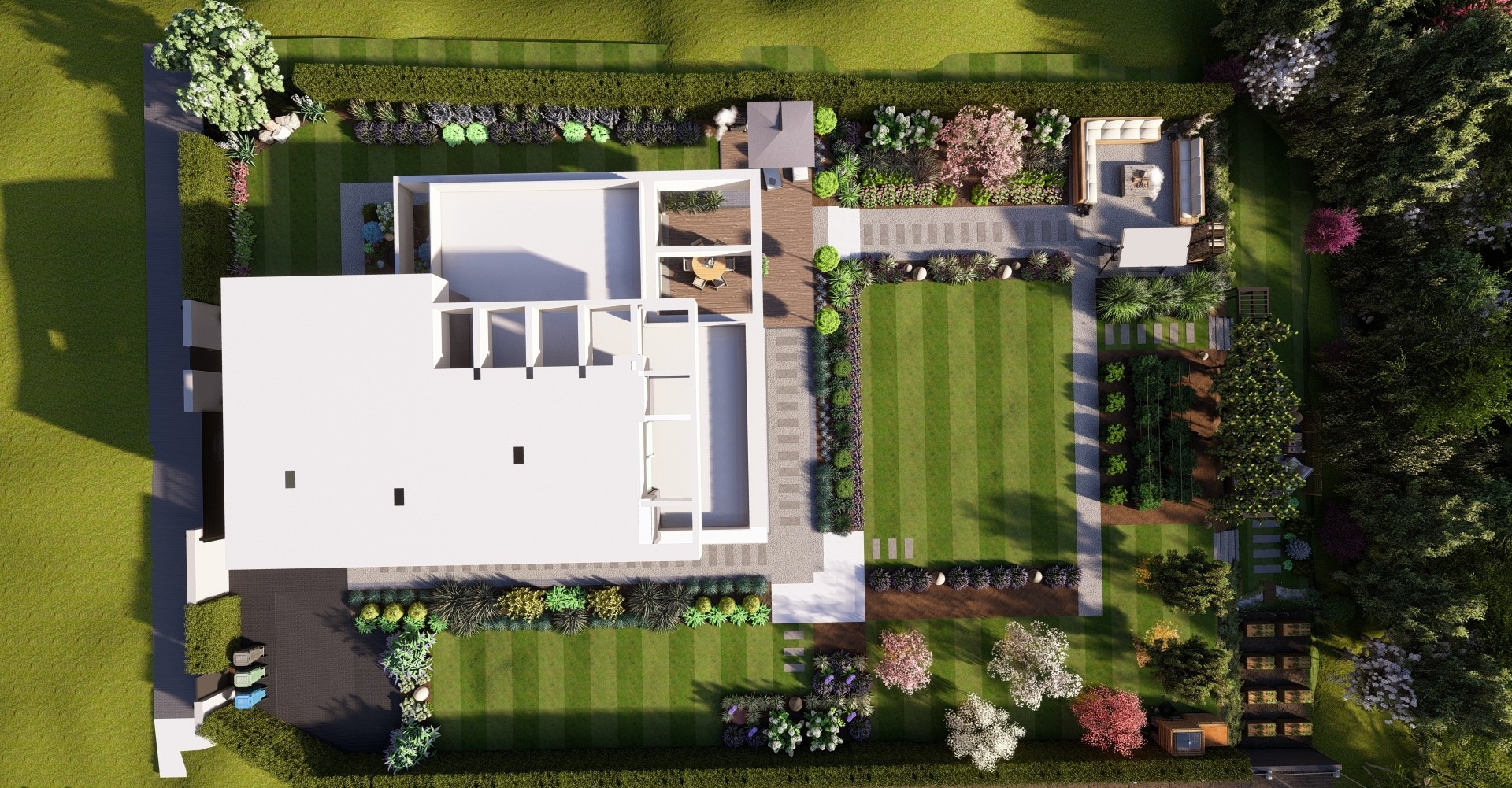 Widok z góry na wizualizację ogrodu z nowoczesnym domem, równo przyciętym trawnikiem, ścieżkami z kamienia i bogatą roślinnością. Projekt uwzględnia strefę relaksu.