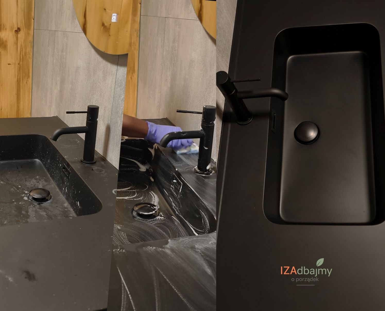 Czarna umywalka wyczyszczona a następnie nałożona powłoka hydrofobowa aby czystość zachować na dłużej.