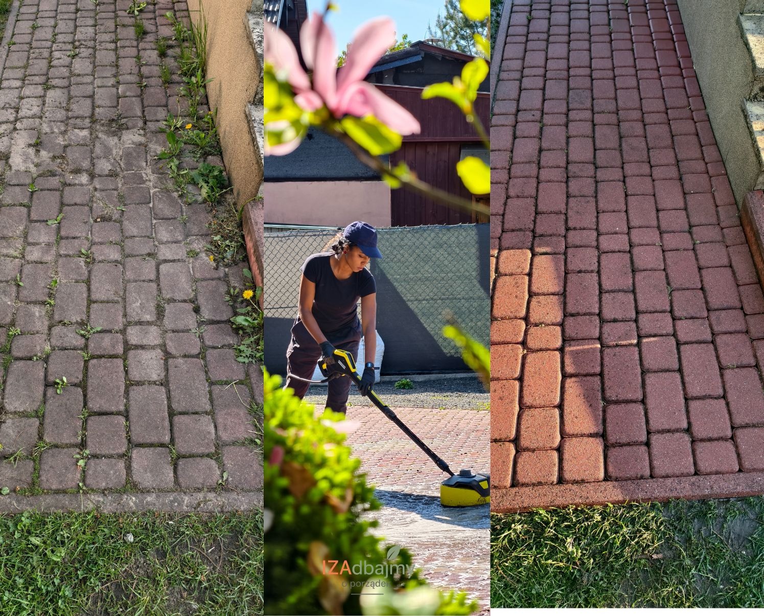 Mycie ciśnieniowe kostki brukowej w Krakowie. Zdjęcie przedstawia efekt przed, w trakcie i po czyszczeniu. Widoczne różnice w kolorze i czystości kostki.