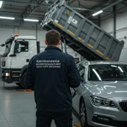 Rzeczoznawca PLMOT w granatowej kurtce, tyłem, analizuje podniesioną skrzynię wywrotki i srebrny samochód osobowy w hali.