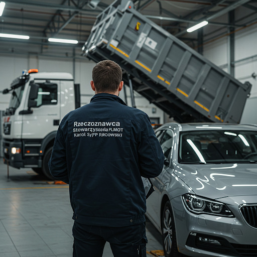 Rzeczoznawca PLMOT w granatowej kurtce, tyłem, analizuje podniesioną skrzynię wywrotki i srebrny samochód osobowy w hali.