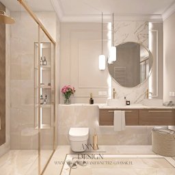 Anna Design by Anna Stenka-Kosińska - Elegancka łazienka z kabiną prysznicową typu walk-in, okrągłym lustrem podświetlonym LED i dwiema umywalkami nablatowymi. Złote akcenty armatury i oświetlenia.