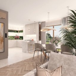 Anna Design by Anna Stenka-Kosińska - Eleganckie wnętrze domu: marmurowa kuchnia z wyspą, jadalnia z designerskimi lampami i parkiet w jodełkę. Minimalistyczny styl z nutą luksusu, jasna kolorystyka.