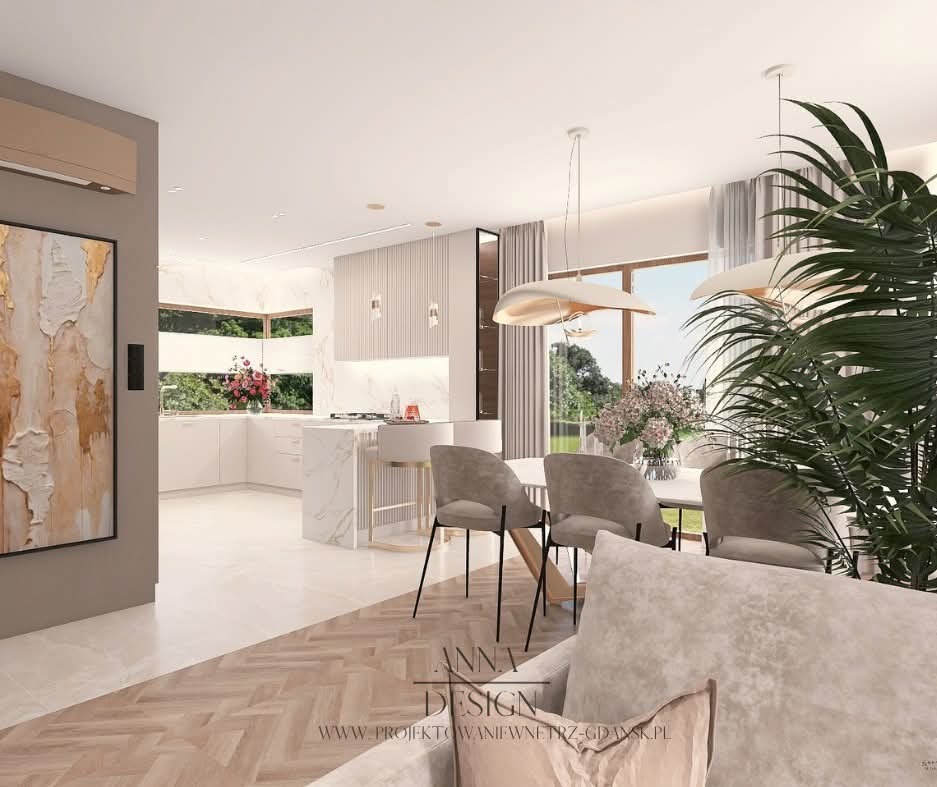 Eleganckie wnętrze domu: marmurowa kuchnia z wyspą, jadalnia z designerskimi lampami i parkiet w jodełkę. Minimalistyczny styl z nutą luksusu, jasna kolorystyka.