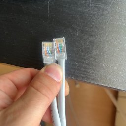 Patryk Kołcon - Dwa białe kable Ethernet z przezroczystymi wtyczkami RJ45, trzymane w dłoni, na tle ciemnego blatu. Widoczne kolorowe przewody wewnątrz wtyczek.