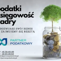 Grafika Partner Podatkowy: drzewko w słoiku z monetami, napisy podatki, księgowość, kadry. Kontakt: Paweł i Marta, e-mail, strona www.