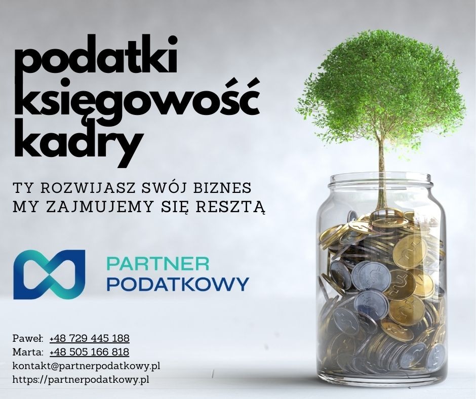 Grafika Partner Podatkowy: drzewko w słoiku z monetami, napisy podatki, księgowość, kadry. Kontakt: Paweł i Marta, e-mail, strona www.