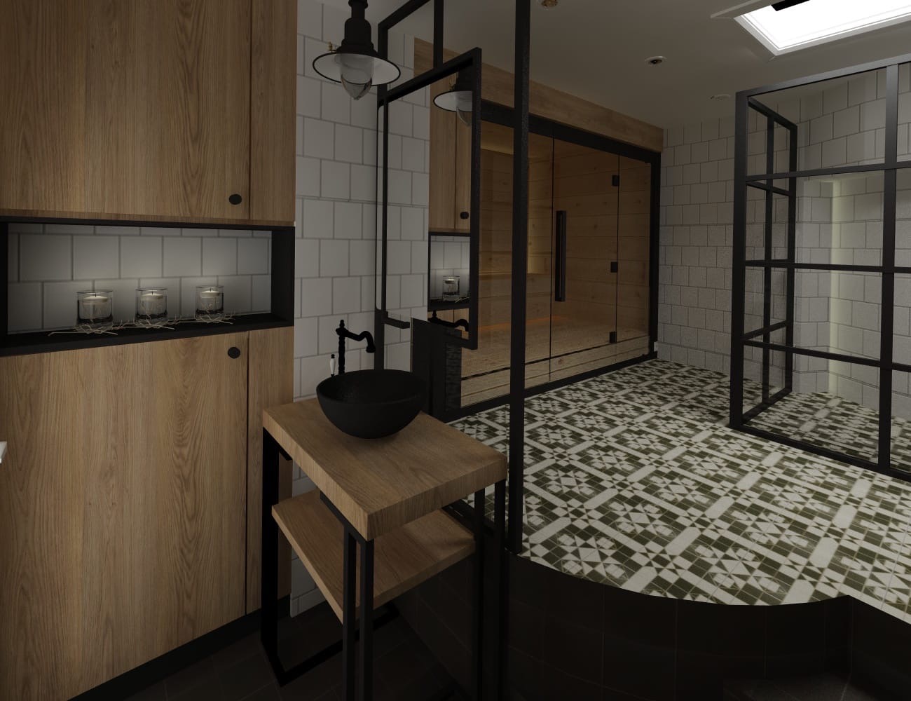 Nowoczesna łazienka z drewnianą szafką, czarną umywalką i kabiną prysznicową z czarnymi ramami. W tle widoczna sauna i wzorzysta podłoga.