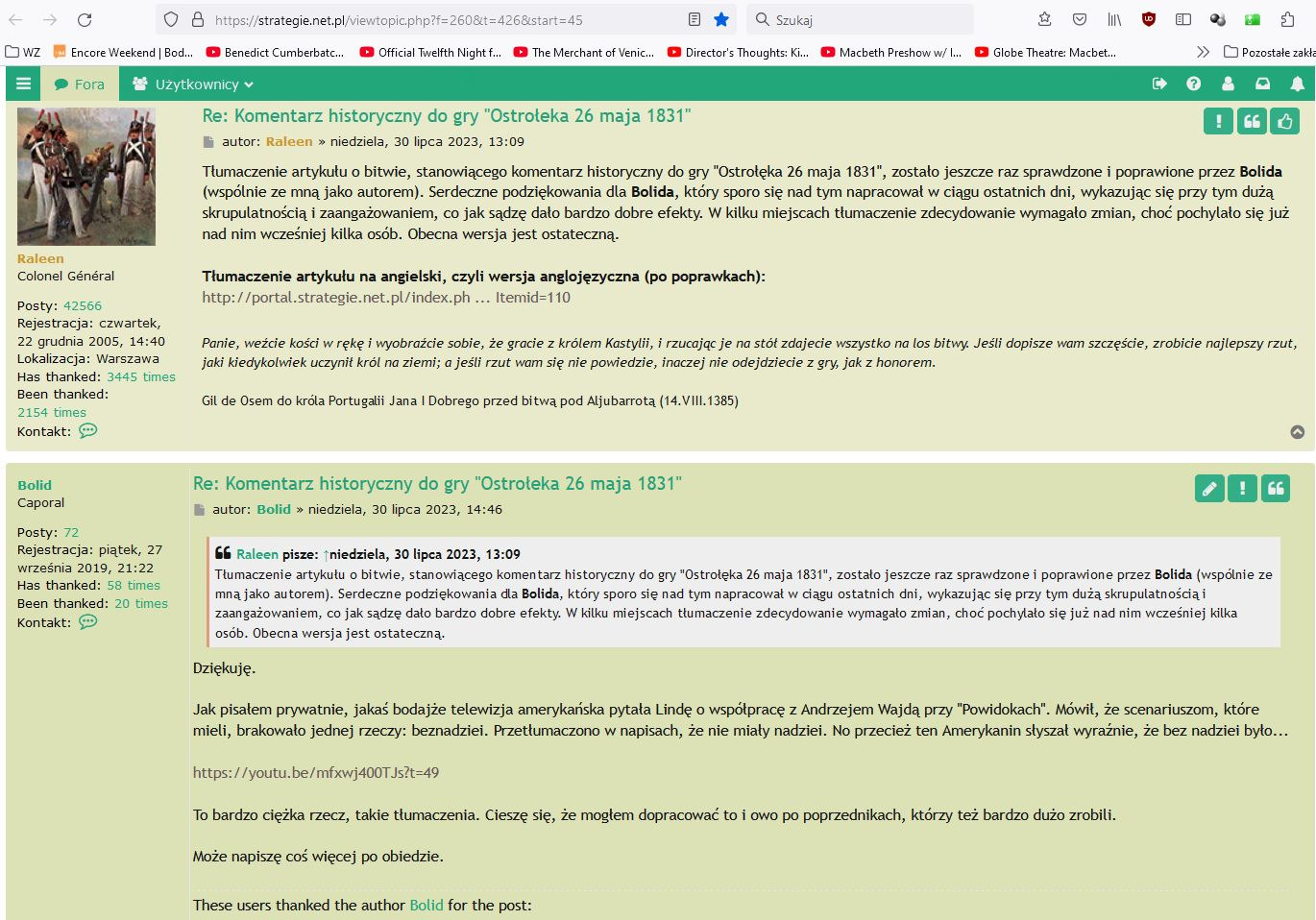Autor gry „Ostrołęka, 26 Maja 1831” chwali mnie za rewizję tłumaczenia komentarza historycznego do jego gry.