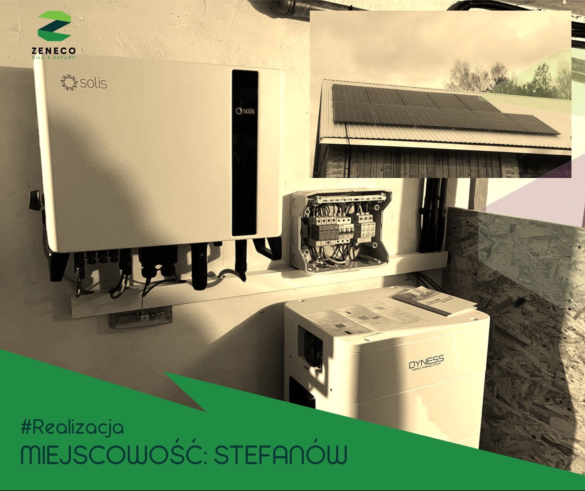 Instalacja fotowoltaiczna: inwerter Solis, rozdzielnia, magazyn energii Dyness, panele na dachu budynku w Stefanowie. Realizacja Zeneco.
