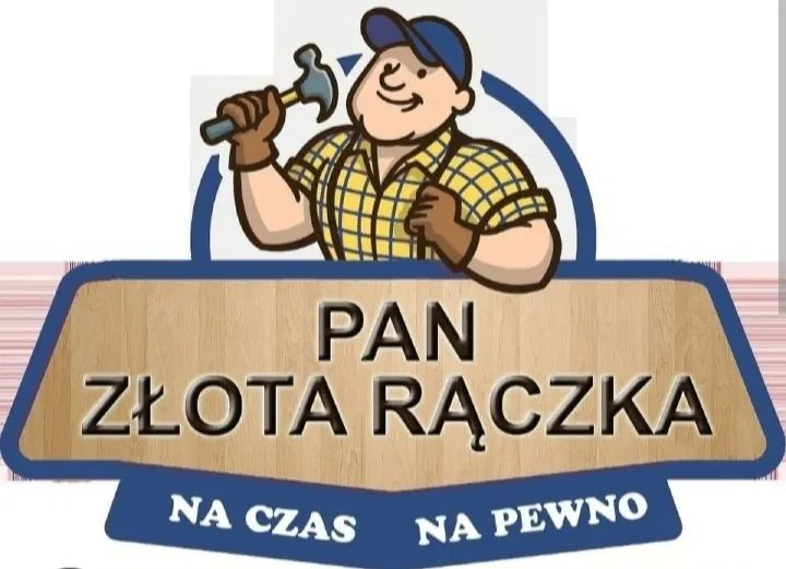 Ilustracja: Stylizowany wizerunek 'Pan Złota Rączka' z uśmiechniętym majstrem z młotkiem, na dekoracyjnym tle z hasłem 'Na czas, na pewno'.
