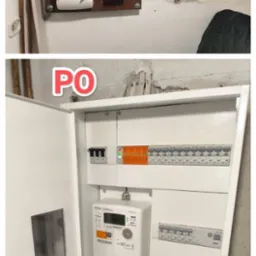 Szafka elektryczna przed i po modernizacji w Kutno. Widoczne nowe zabezpieczenia, licznik i estetyczne wykończenie. Porównanie stanu przed i po pracach.