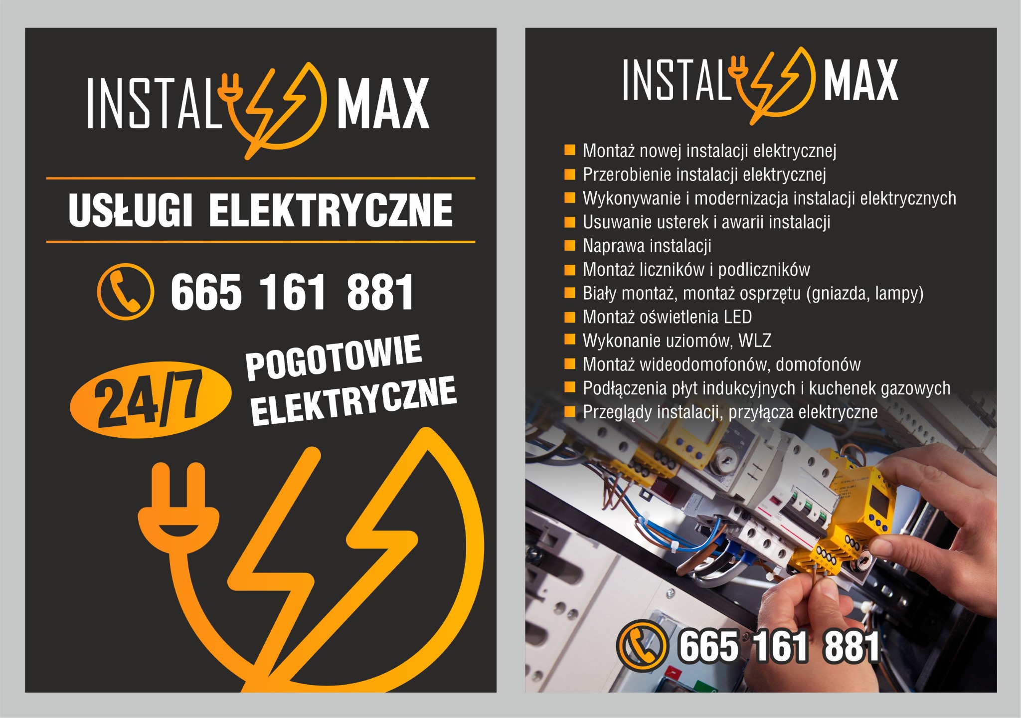 Grafika reklamowa firmy Instal Max: usługi elektryczne, pogotowie 24/7, montaż instalacji, oświetlenia LED, domofonów. Widoczne ręce elektryka przy pracy w rozdzielnicy.