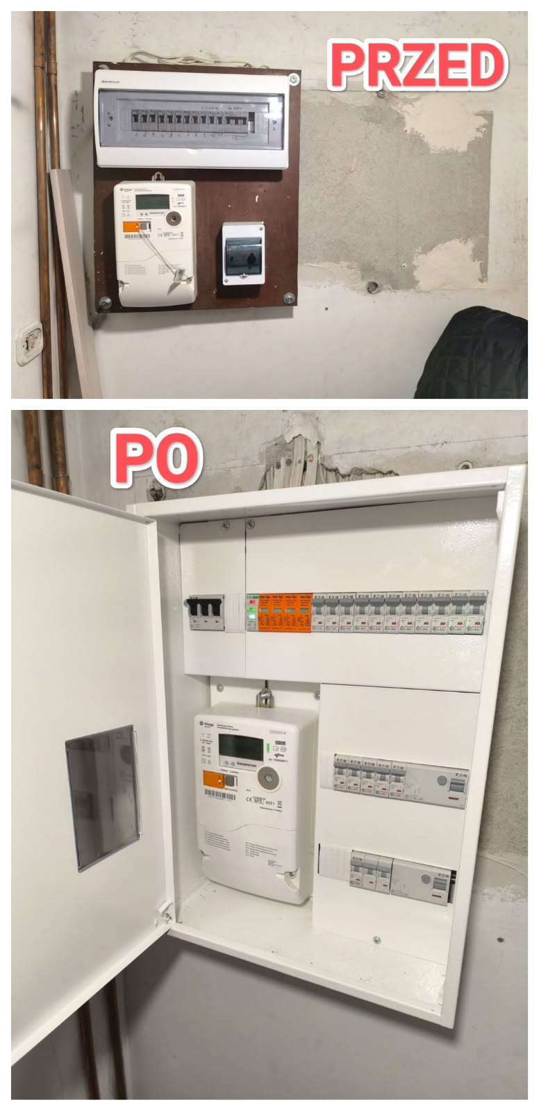 Szafka elektryczna przed i po modernizacji w Kutno. Widoczne nowe zabezpieczenia, licznik i estetyczne wykończenie. Porównanie stanu przed i po pracach.