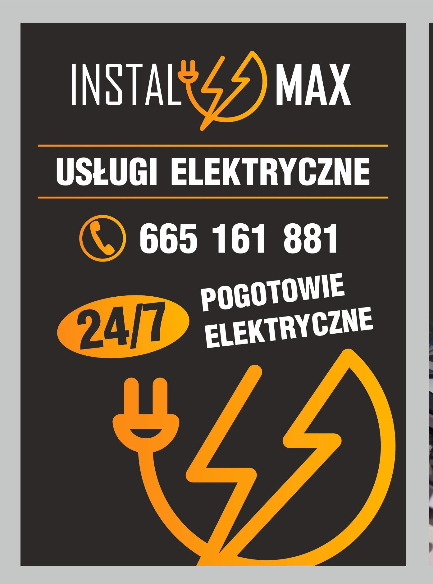 Grafika Instal Max z Kutna: usługi elektryczne 24/7, numer telefonu i ikony w pomarańczowo-białej kolorystyce na czarnym tle. Pogotowie elektryczne.