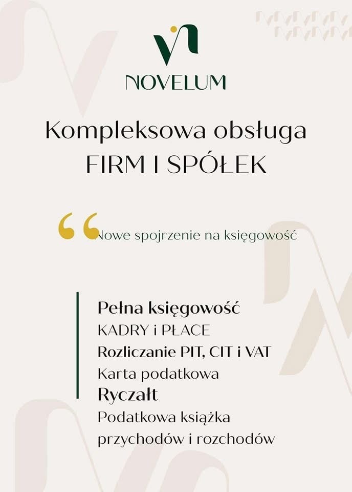Elegancki baner reklamowy firmy Novelum, oferującej kompleksową obsługę księgową i kadrową dla firm i spółek. W tle delikatne wzory. Nowe spojrzenie na księgowość.