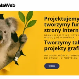 Koala z laptopem wychyla się z żółtego tła, prezentując ofertę projektowania stron i grafiki. Widoczny fragment strony KoalaWeb z menu.