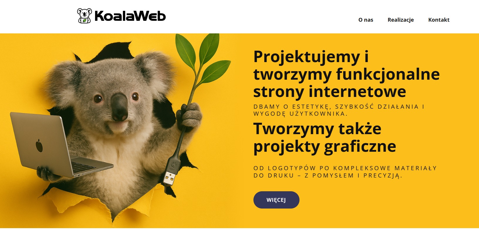 Koala z laptopem wychyla się z żółtego tła, prezentując ofertę projektowania stron i grafiki. Widoczny fragment strony KoalaWeb z menu.