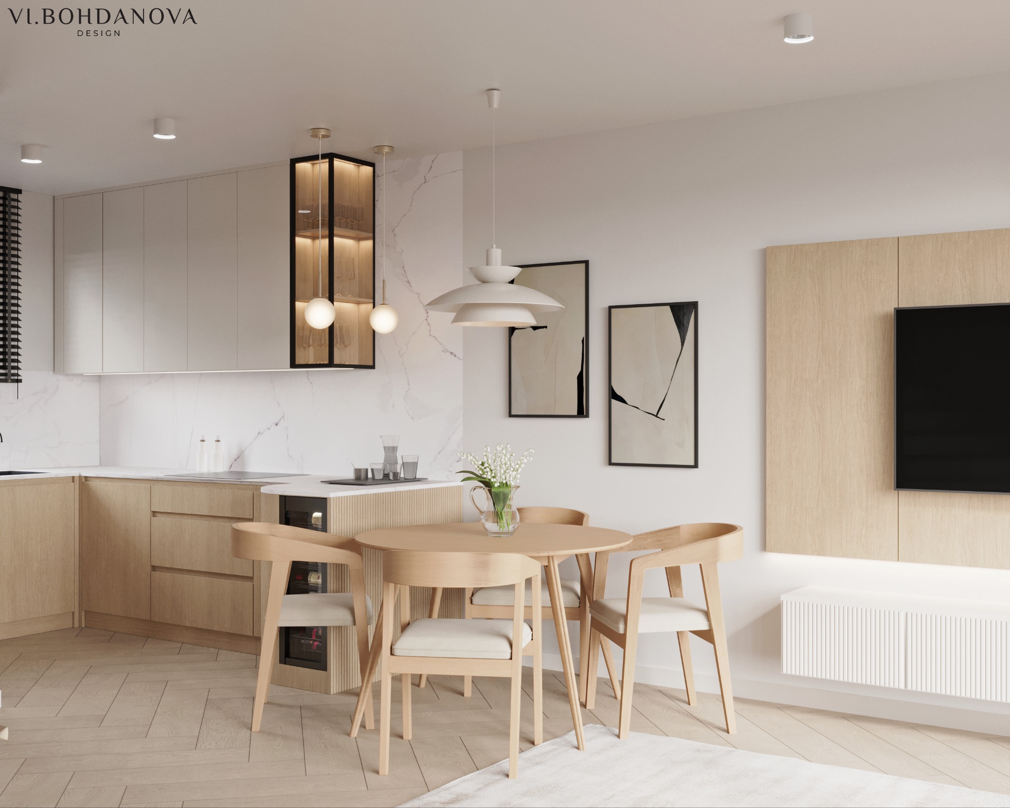 Projekt salonu z kuchnią 35m2