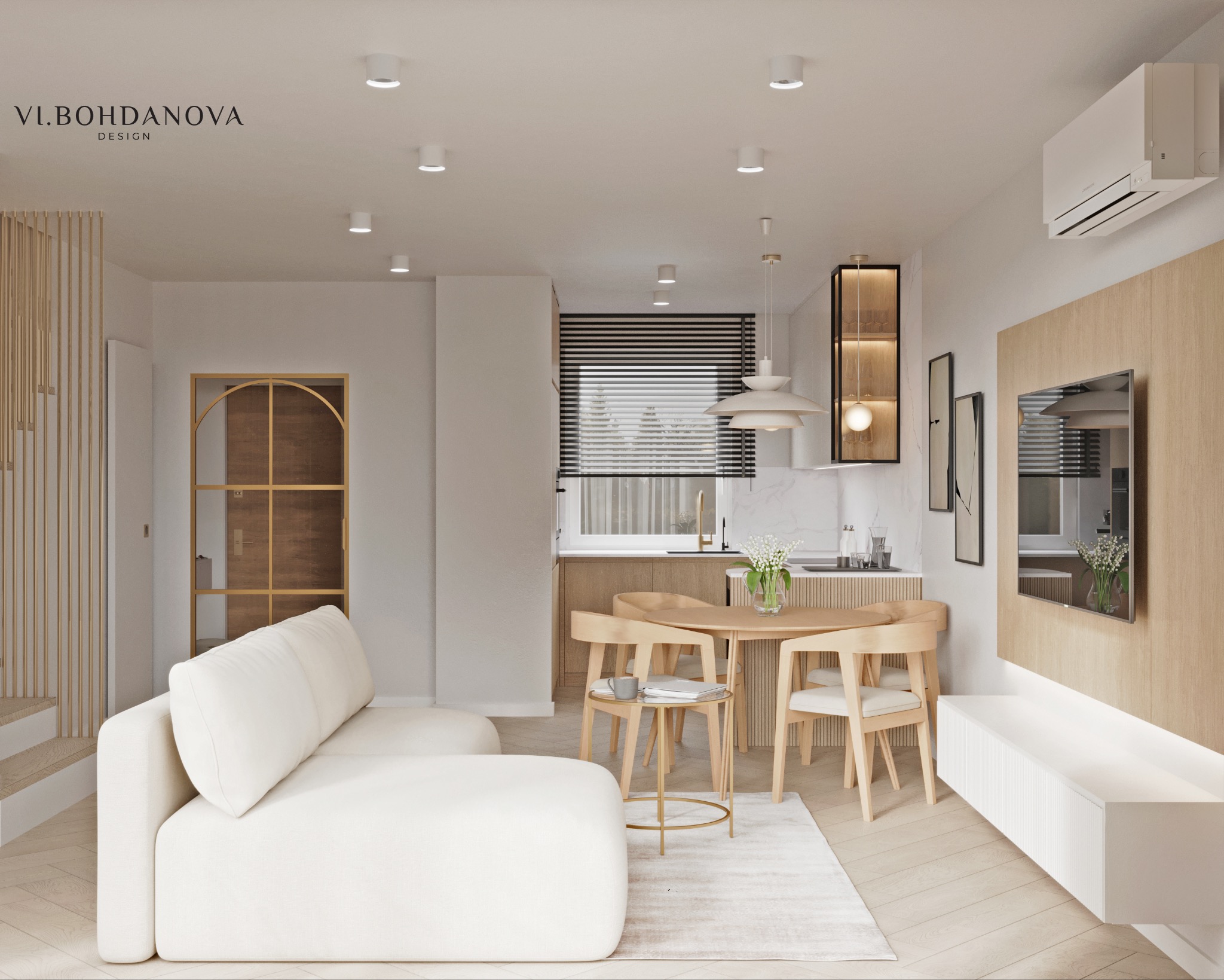 Jasne wnętrze z sofą, stołem i telewizorem. Minimalistyczny design z drewnianymi akcentami i subtelnym oświetleniem. Widoczny fragment schodów i dekoracyjne detale.