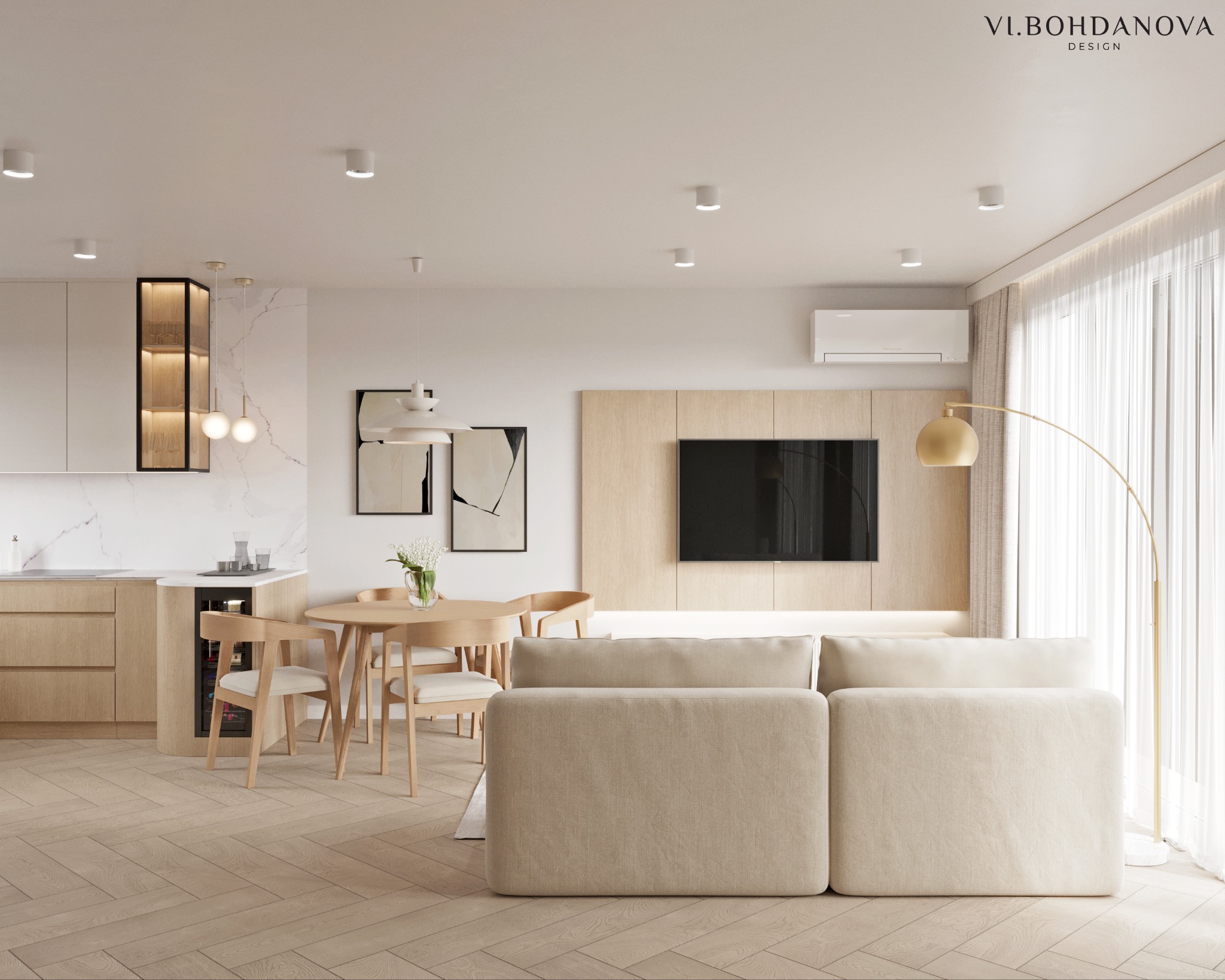 Jasne, nowoczesne wnętrze z drewnianą podłogą w jodełkę. Widok na salon z sofą i stół z krzesłami. Projekt w Warszawie z minimalistycznym oświetleniem.