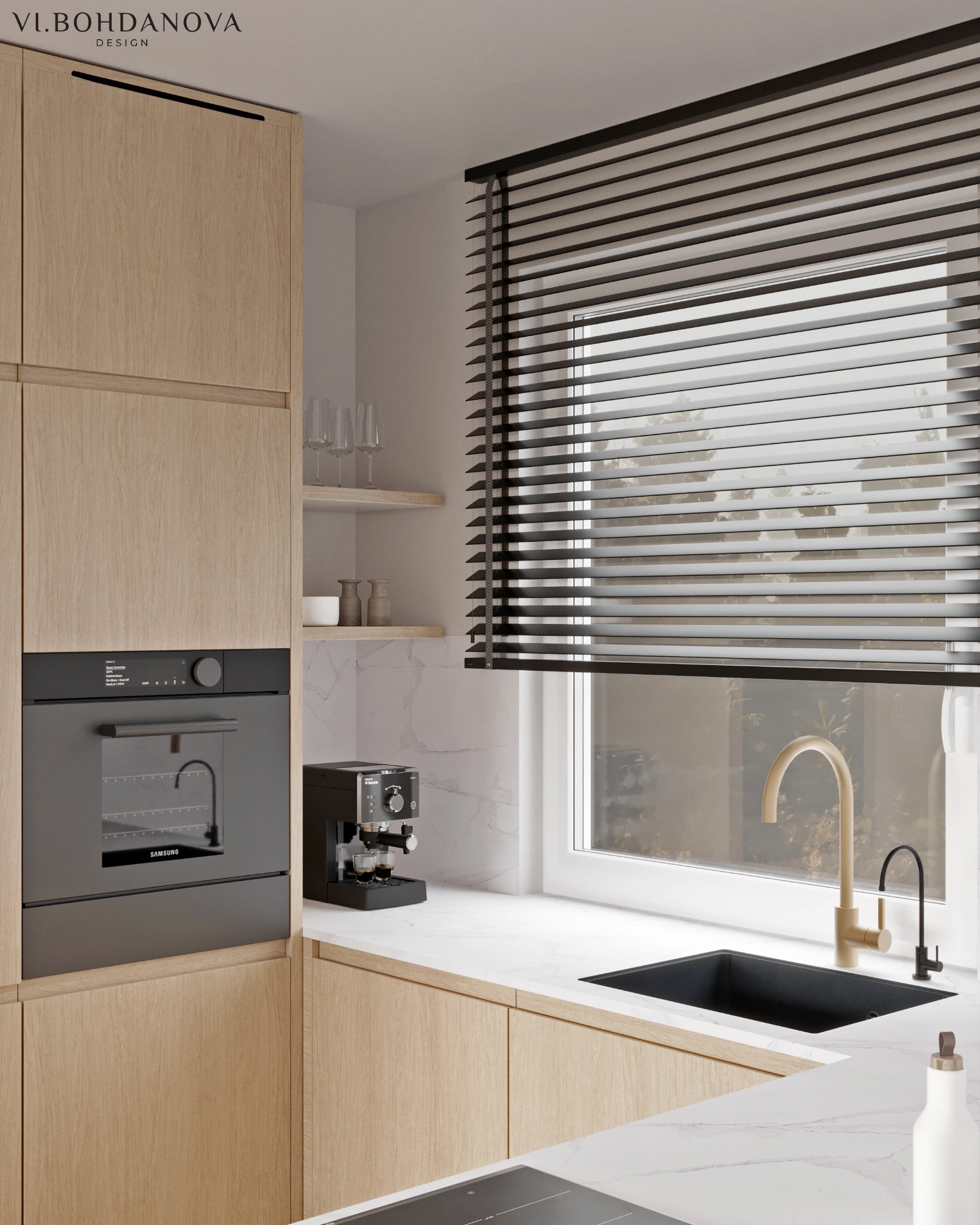 Jasna kuchnia z drewnianymi szafkami, czarnym piekarnikiem Samsung, ekspresem do kawy i złotą armaturą przy oknie z żaluzjami.