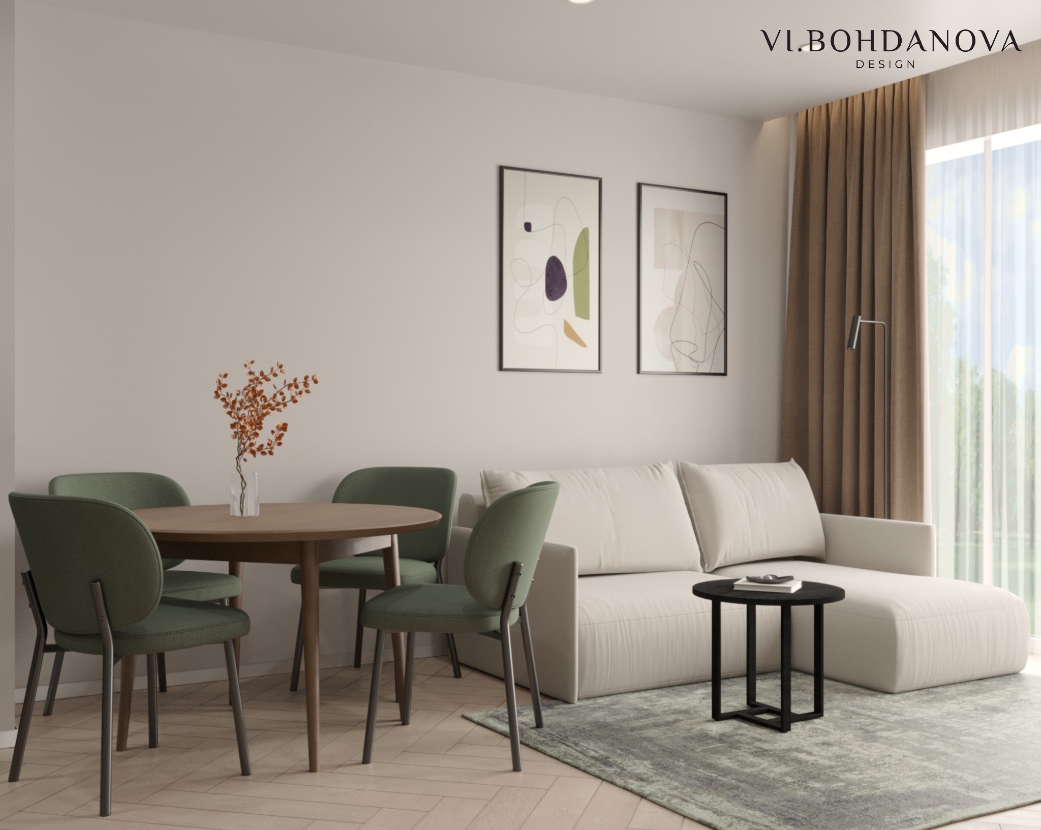 Wnętrze salonu z okrągłym stołem, zielonymi krzesłami i beżową sofą. Dwa abstrakcyjne obrazy wiszą na ścianie. Parkiet na podłodze. Neutralna kolorystyka.