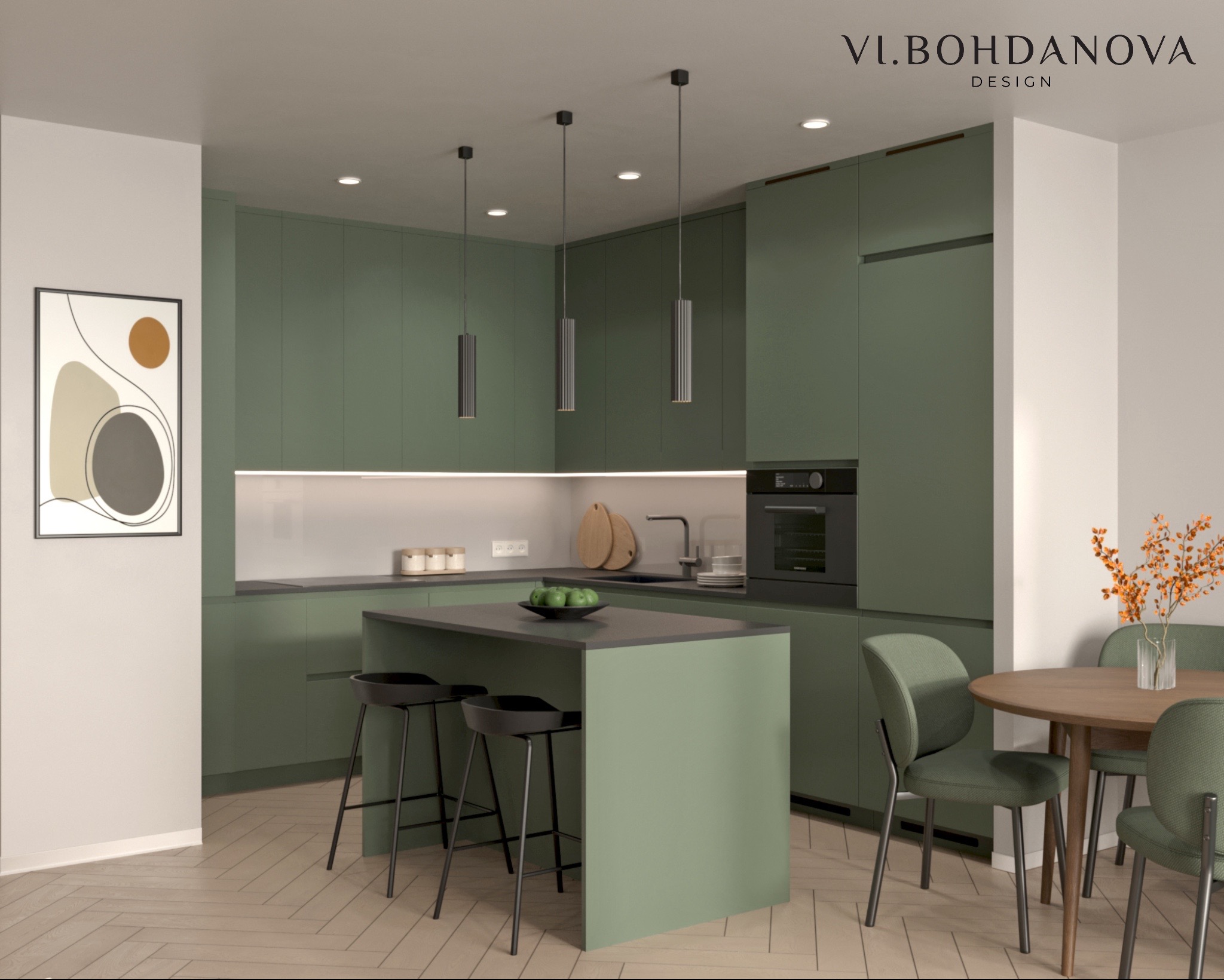 Nowoczesna kuchnia w odcieniach zieleni z wyspą, czarnymi hokerami i drewnianym stołem. Minimalistyczne lampy wiszące i parkiet w jodełkę.