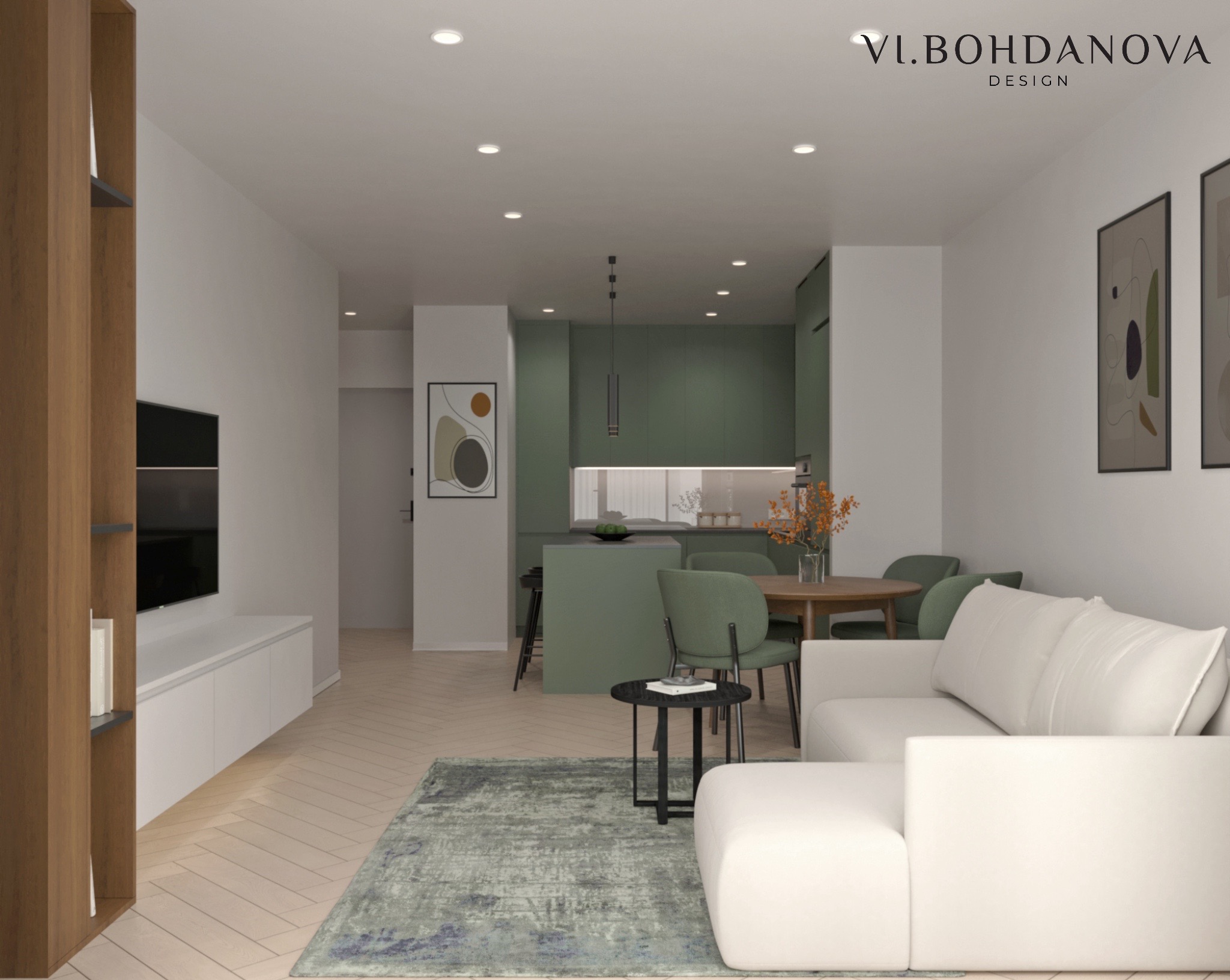 Wizualizacja wnętrza: salon z kuchnią w odcieniach bieli i zieleni. Parkiet w jodełkę, dywan z wzorem, sofa modułowa. Minimalistyczny design, oświetlenie punktowe i wisząca lampa.