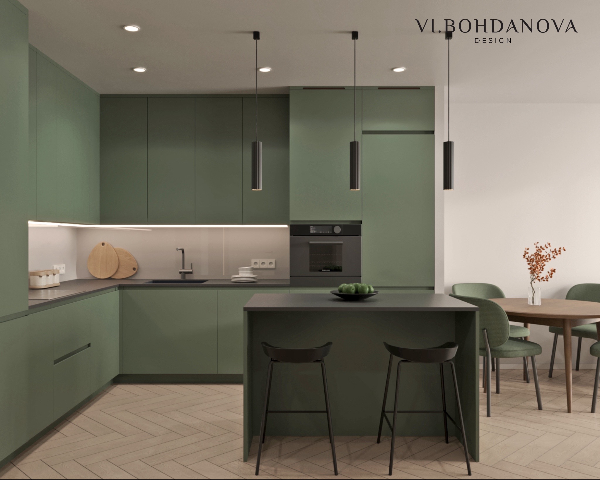 Nowoczesna kuchnia w odcieniach zieleni z wyspą i stołkami barowymi, drewniana podłoga w jodełkę, minimalistyczne oświetlenie, stół z krzesłami w tle.