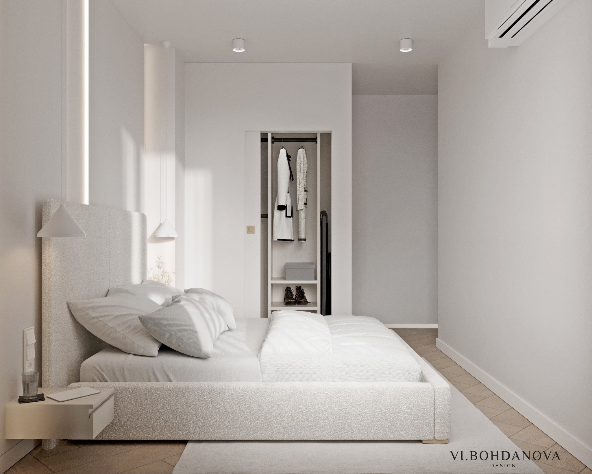 Jasna sypialnia w minimalistycznym stylu. Białe tekstylia, drewniana podłoga i garderoba w zabudowie. Całość doświetlona naturalnym światłem.
