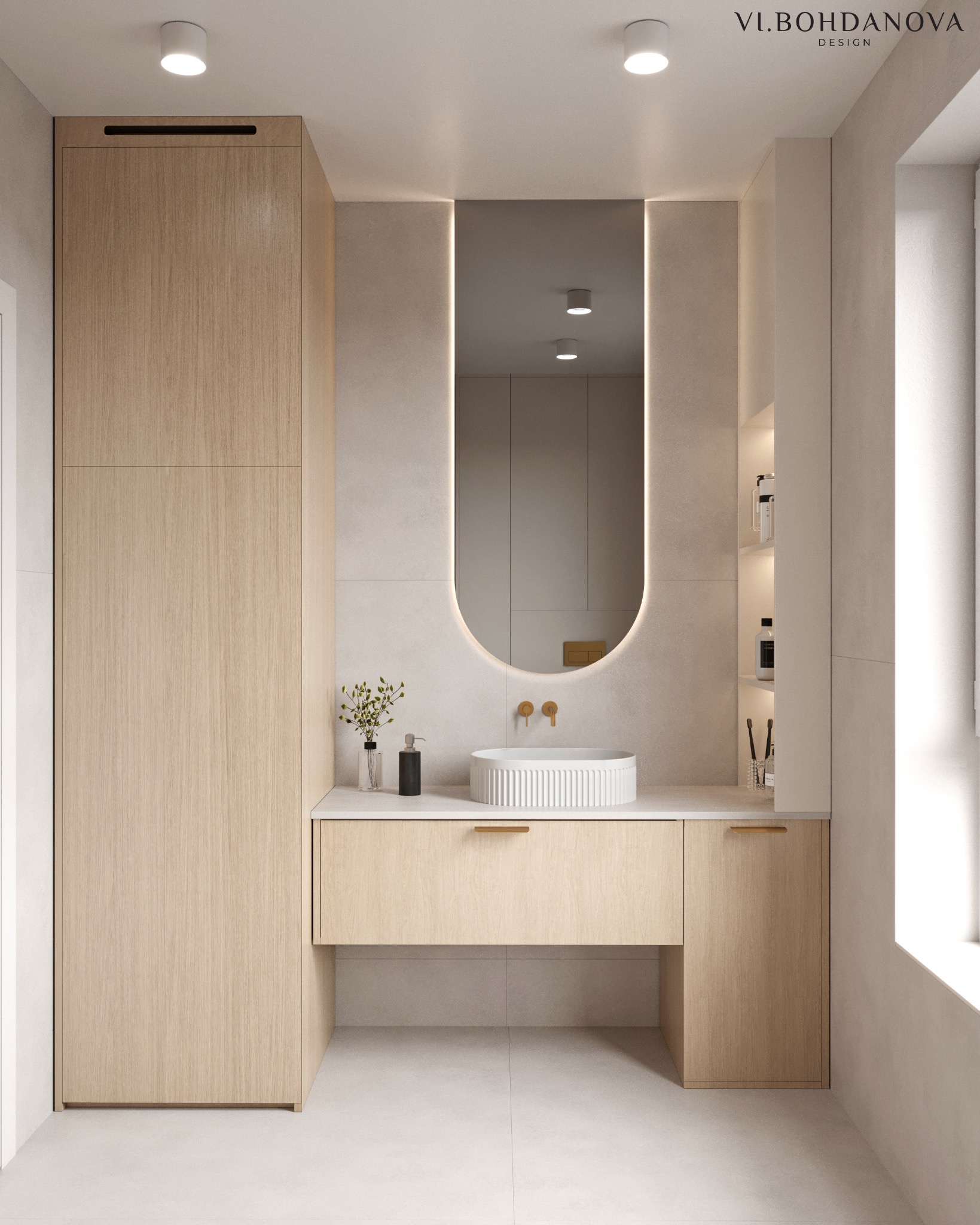 Jasna łazienka z owalnym lustrem podświetlanym LED, umywalką nablatową i drewnianą szafką. Minimalistyczny design, neutralna kolorystyka i subtelne oświetlenie.