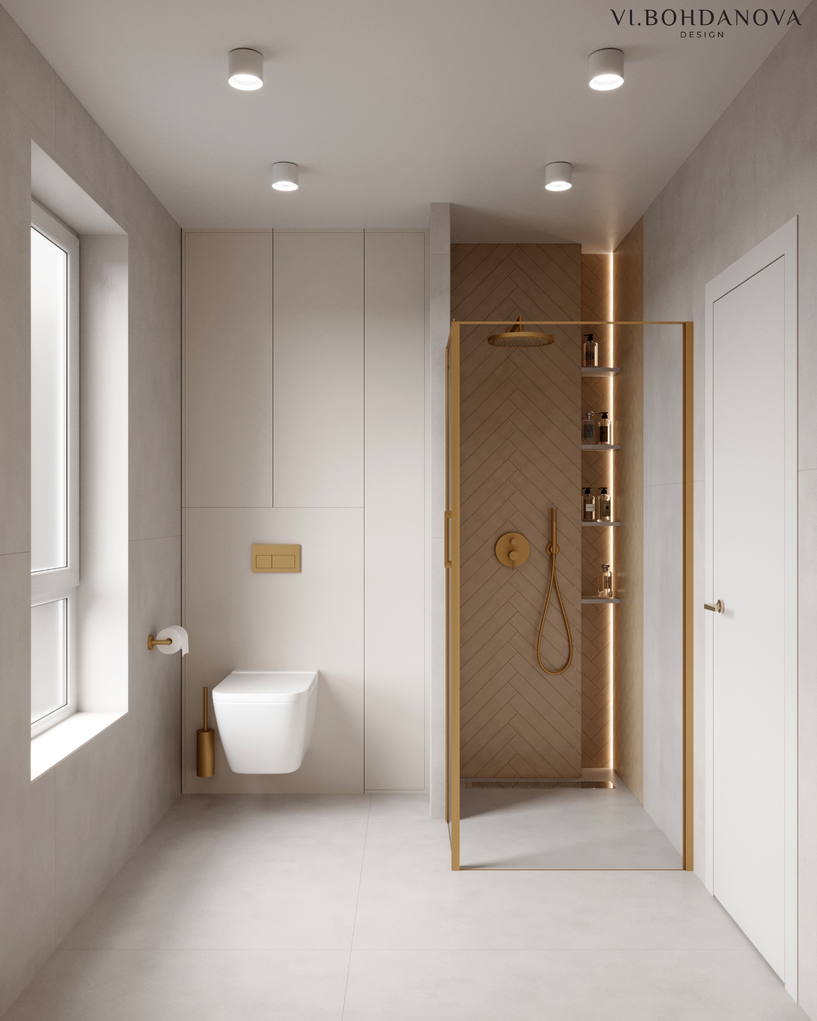 Elegancka łazienka w beżach: kabina prysznicowa ze złotymi detalami, toaleta podwieszana i subtelne oświetlenie punktowe. Minimalistyczny design z akcentem luksusu.