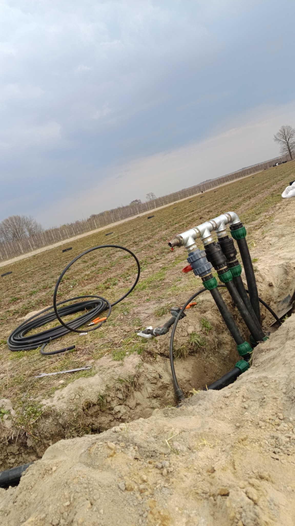 Instalacja systemu nawadniania: czarne rury z zielonymi złączkami wystają z wykopu na polu uprawnym pod pochmurnym niebem. Widoczne narzędzia.
